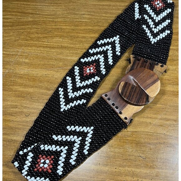 Vintage Hand Beaded Black White Elastic Stretch Belt Wood Detail Boho 31"-33" - Picture 1 of 8
